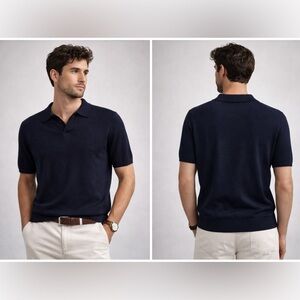 Reiss Merino Wool Knit Polo Sweater Navy Size S Men Short Sleeve Luxury
